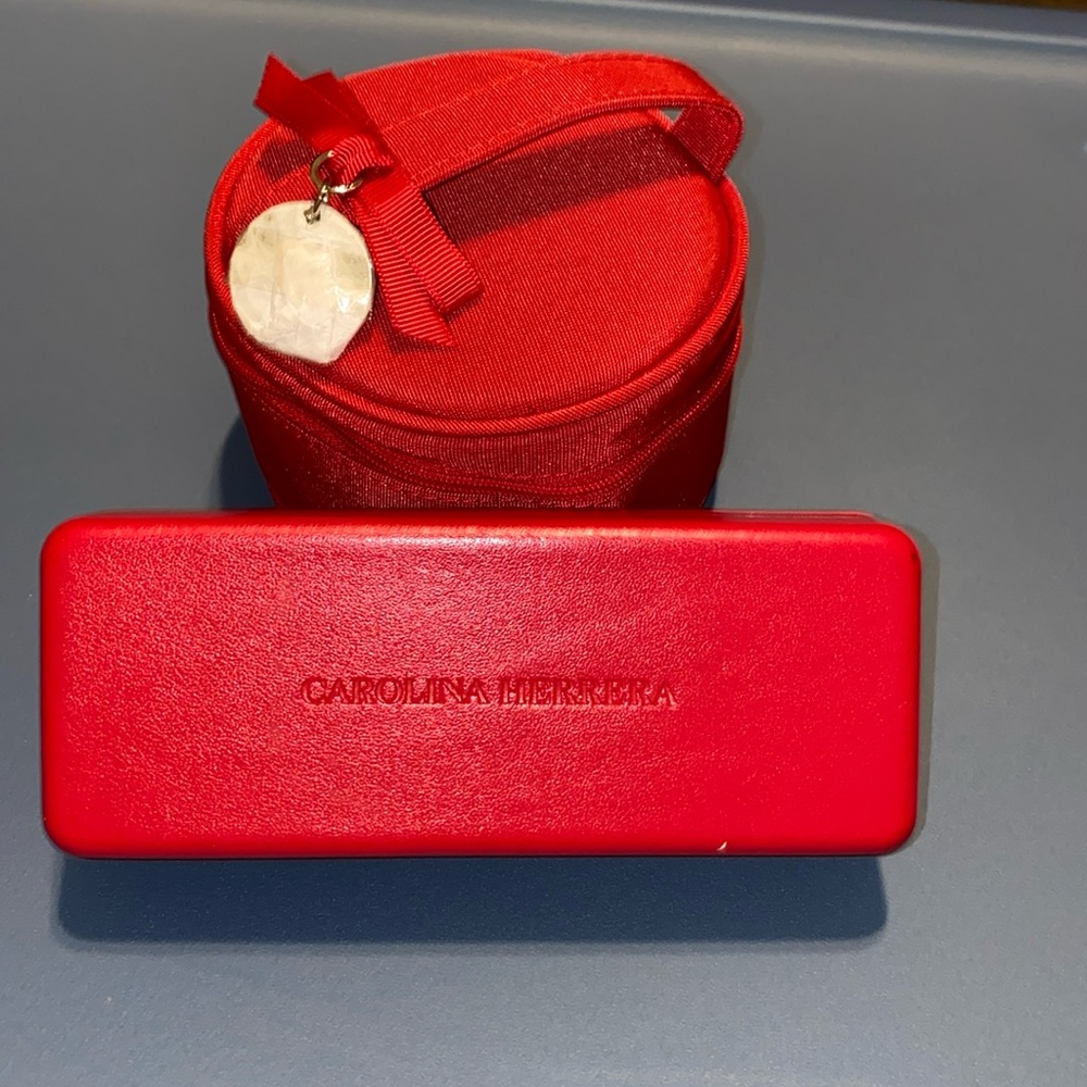 Carolina Herrera Bundle New Red Jewelry Pouch & Used Hard Cover Sunglasses Case